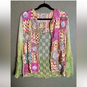Parsley And Sage Women's Sweater Crochet Ribbon Open Front pink yellow green
